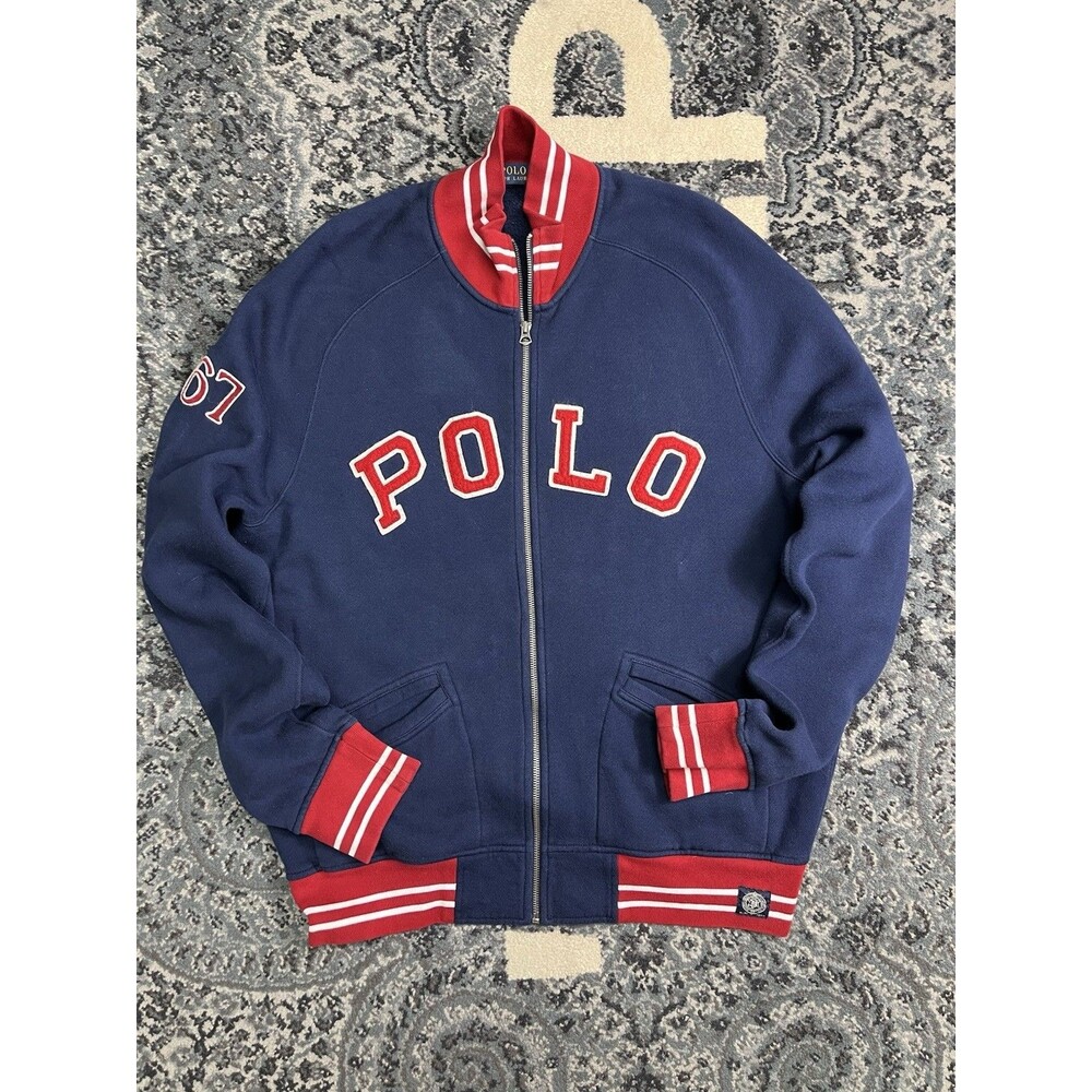 VTG Polo Ralph Lauren Varsity Track Jacket Mens  XL Navy Red Athletic Zip Up 67